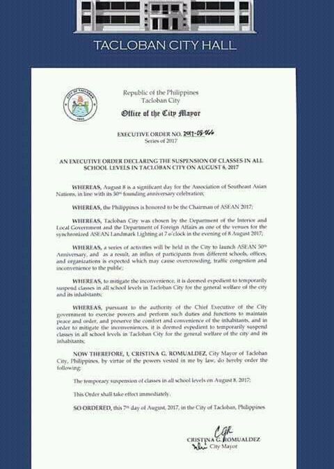 Executive Order No. 2017-08-066 Declaring the Suspension of Class in all School Levels in Tacloban City