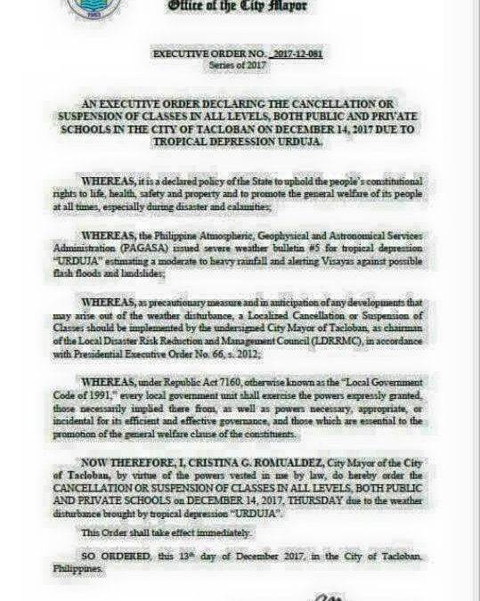 Mayor Cristina G. Romualdez issues Executive Order No. 2017-12-082 EXTENDING THE SUSPENSION OF CLASSES
