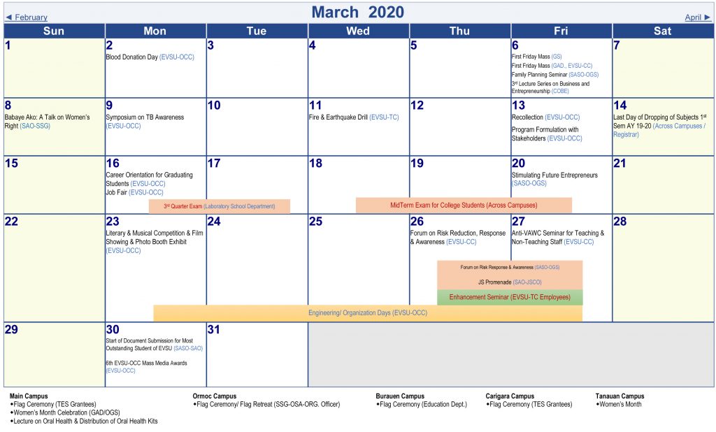 University Academic Calendar (A.Y. 2019-2020)