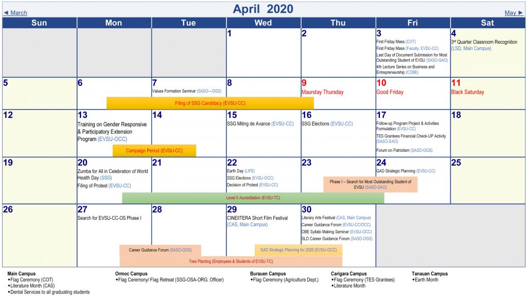 University Academic Calendar (A.Y. 2019-2020)