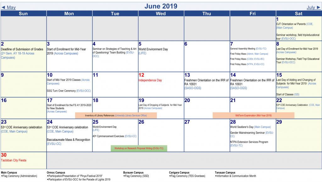 University Academic Calendar (A.Y. 2019-2020)