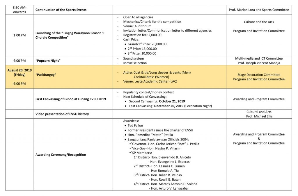 EVSU 15th Charter Celebration – Schedule of Activities