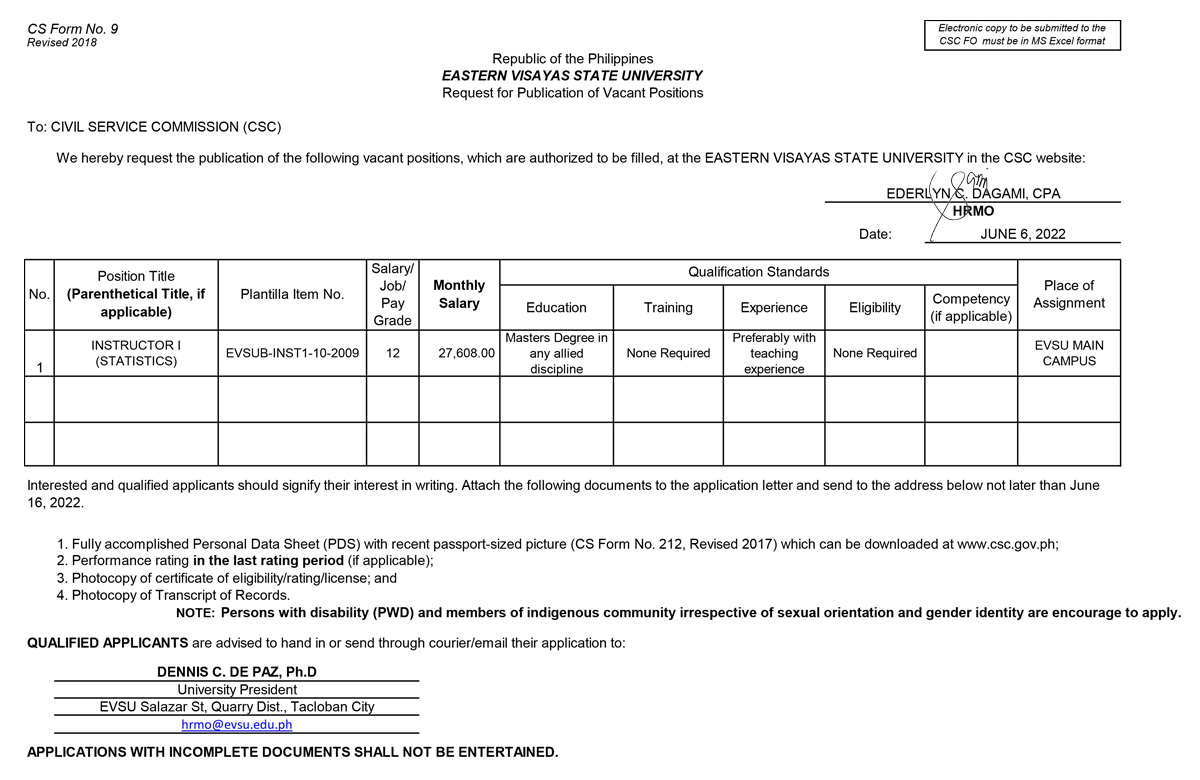 Vacant Position for Instructor I