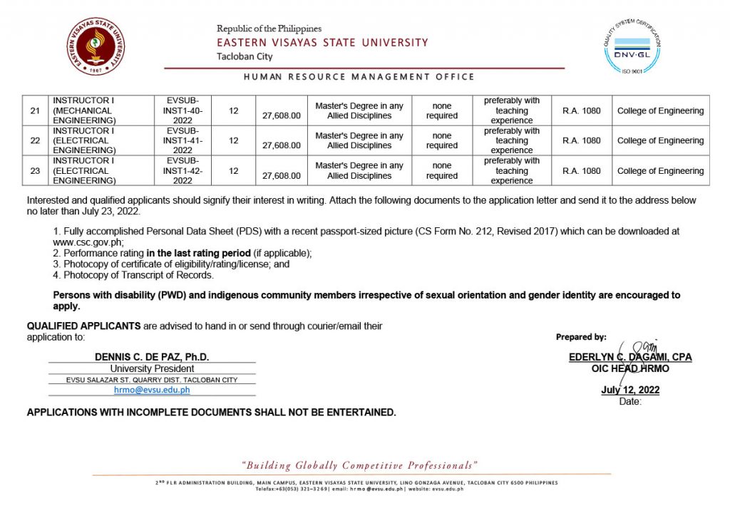 23 Vacant Positions for Instructor I