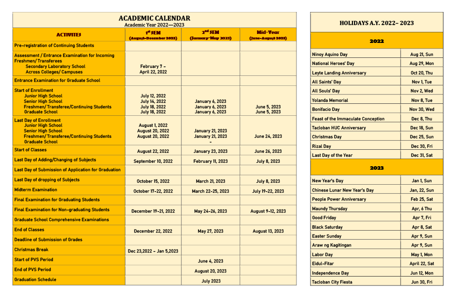 University Academic Calendar (A.Y. 2022-2023) • Eastern Visayas State  University