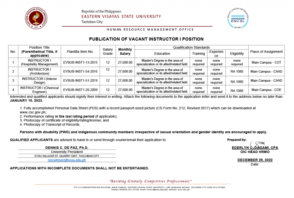 4 Vacant Positions for Instructor I