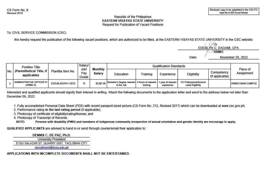 Vacant Position for Administrative Officer IV