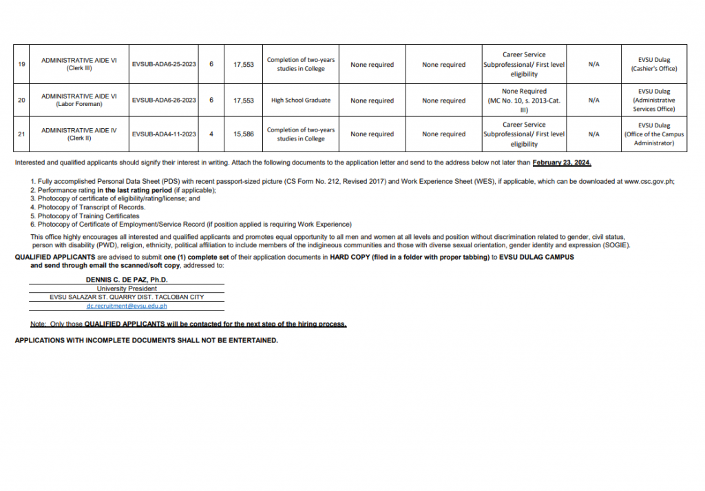 21 Vacant Non-Teaching Positions for the EVSU Dulag Campus