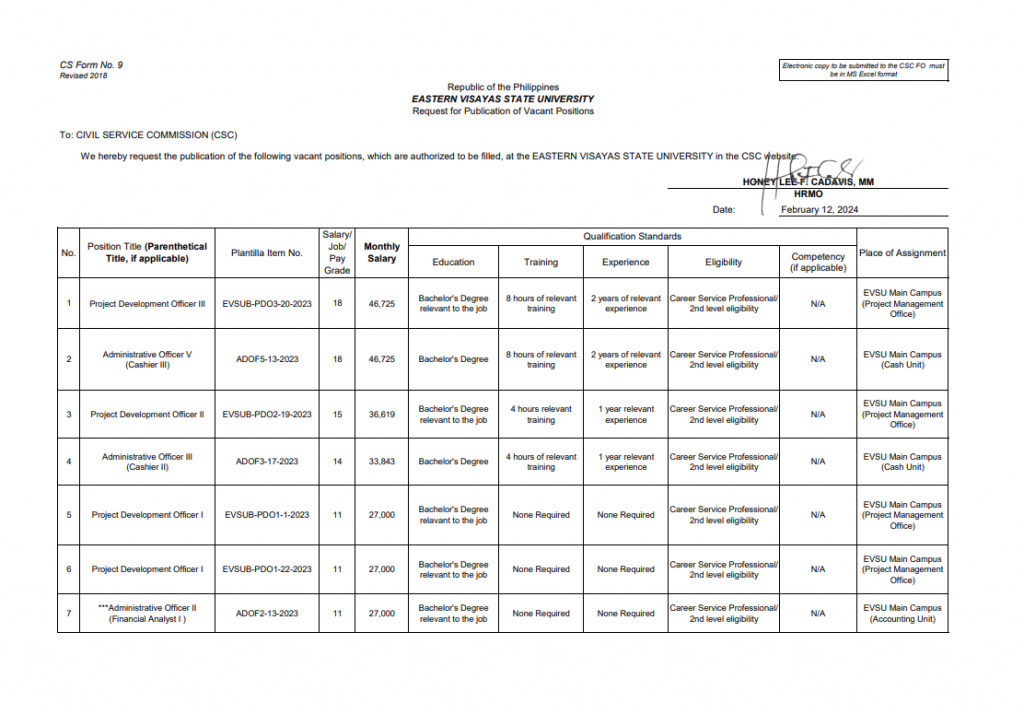 12 Vacant Non-Teaching Positions for the EVSU Main Campus