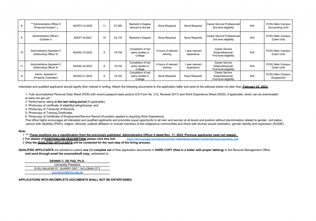 12 Vacant Non-Teaching Positions for the EVSU Main Campus