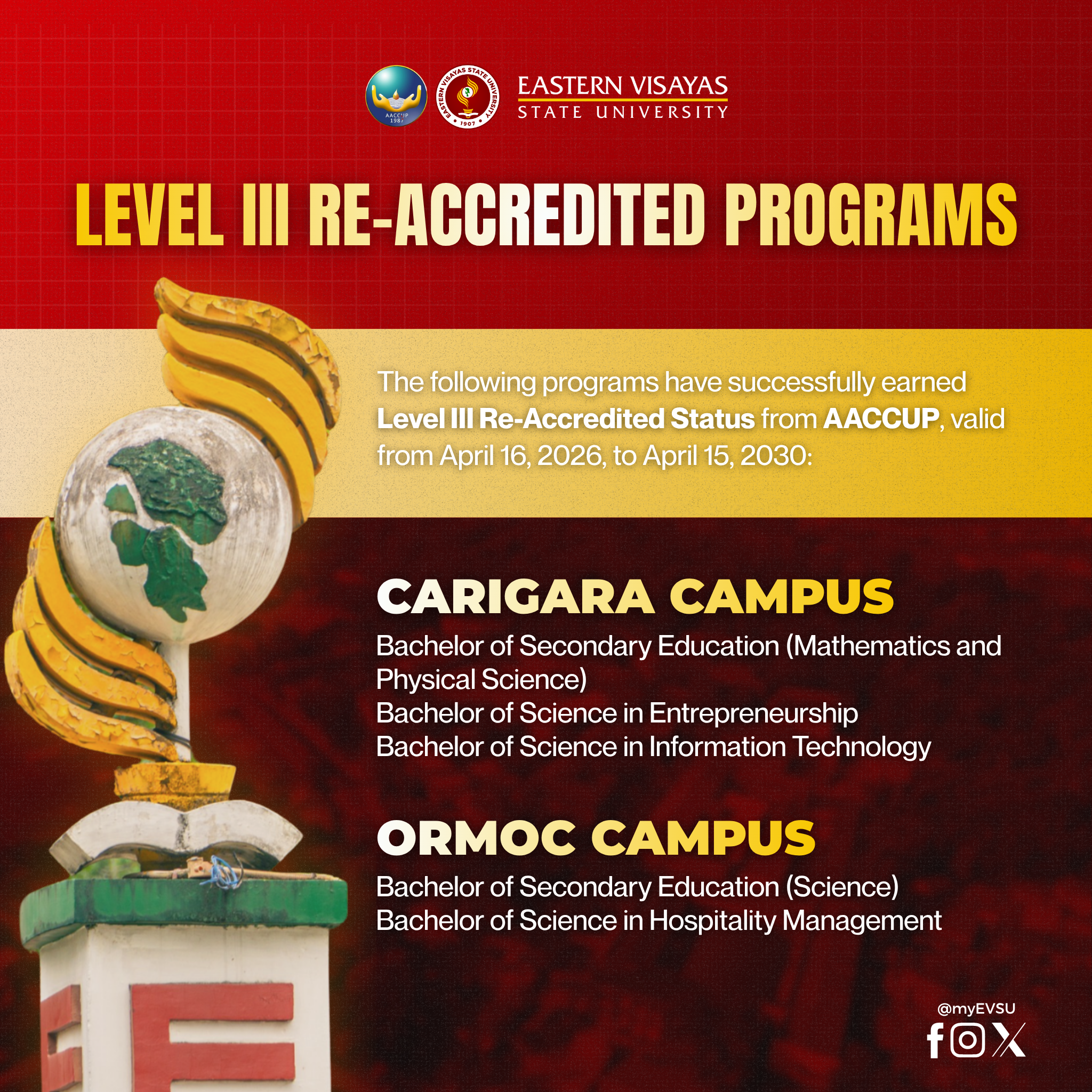 EVSU programs secure AACCUP level III Re-Accredited status
